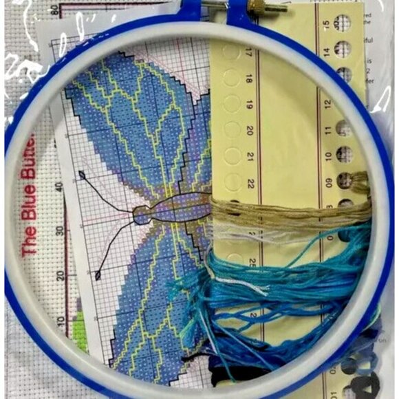 Cross Stitch Kit The Blue Butterfly Pattern 25x19cm Pre-Print 11CT Cotton Fabric - Picture 3 of 12